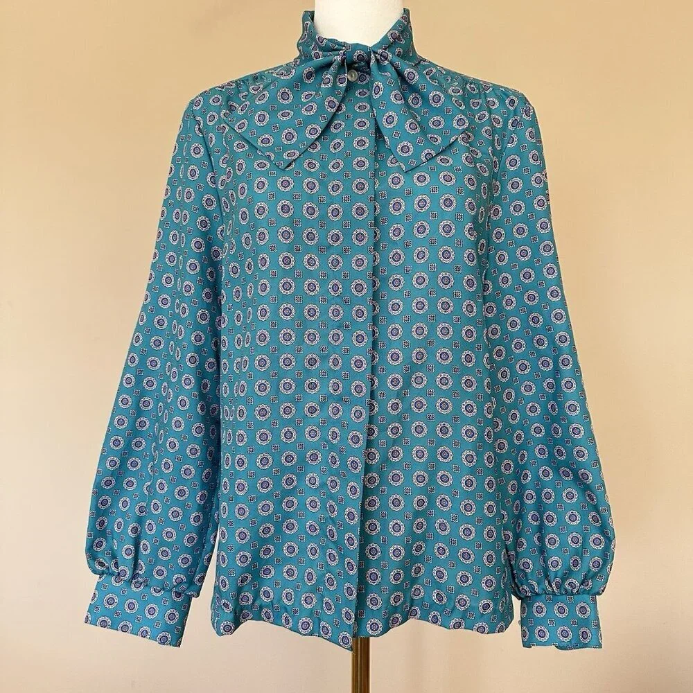 VTG Career Blouse w/ Neck Bow Button Shirt Women M Professional Office Tie Neck - Picture 7 of 9